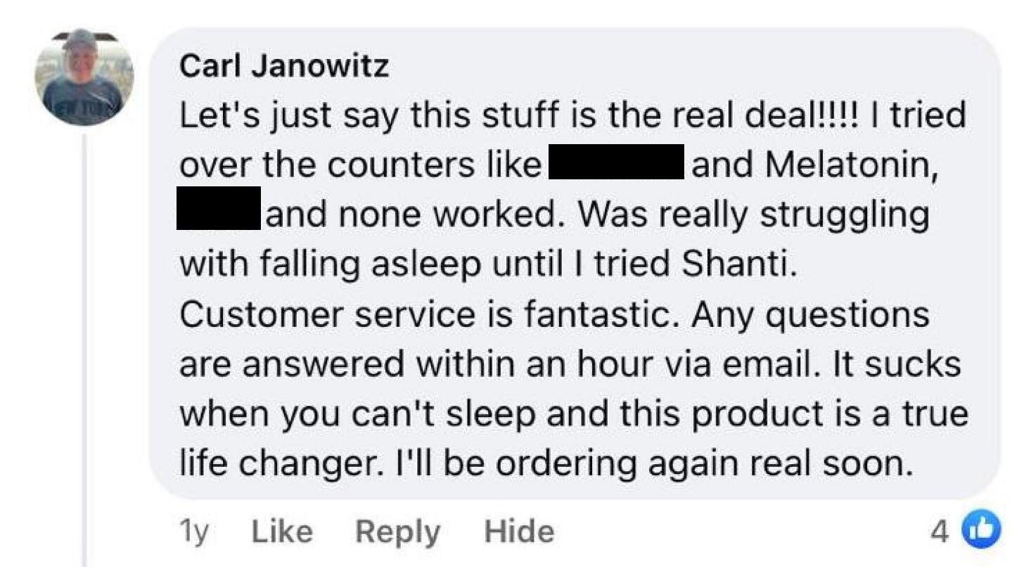 testimonial for Shanti Sleep Supplement Carl
