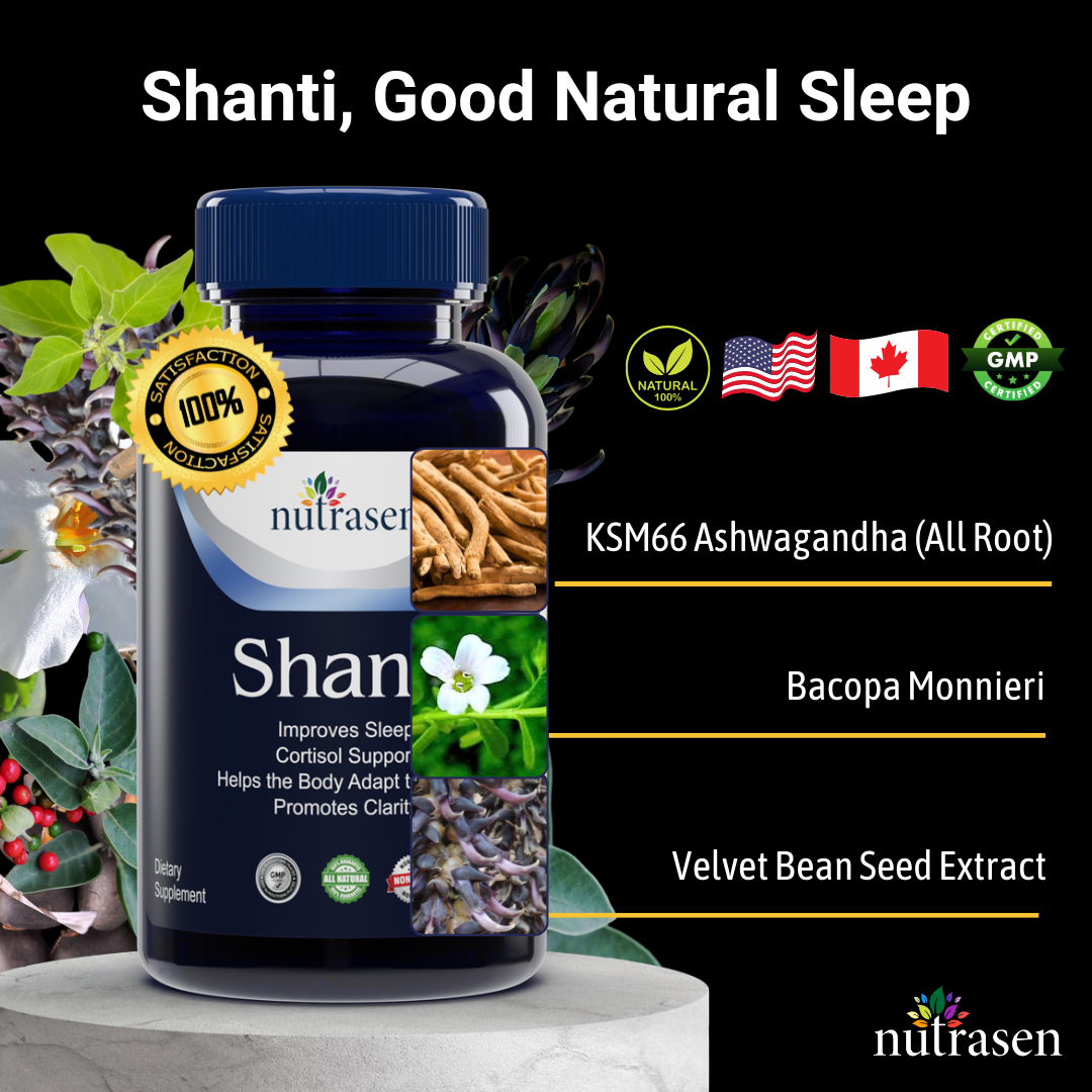 Shanti natural sleep supplement with KSM66 Ashwagandha, Velvet Been Seed Extract, Bacopa Monnieri