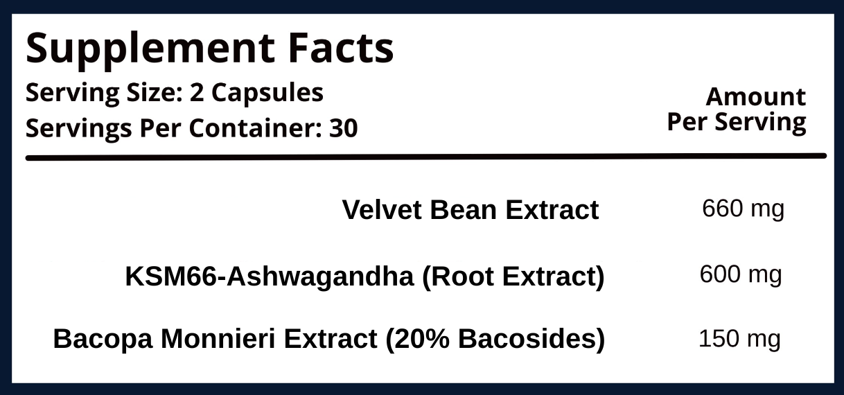 Shanti Supplement Facts Panel with ingredients KSM66 Ashwagandha (600mg), Velvet Bean Extract (660 mg) and Bacopa Monnieri (150mg)